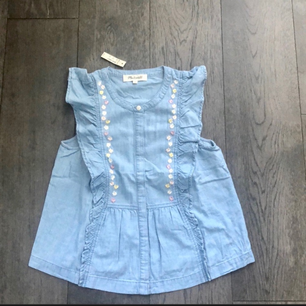 Madewell Floral Embroidered Denim Ruffle Top - Picture 1 of 8